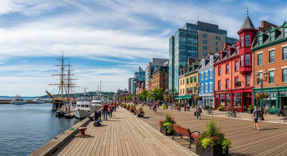 Halifax waterfront with historic buildings and harbor, showing maritime character