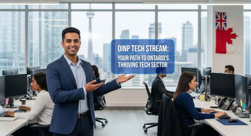 Professional photograph, diverse tech worker at modern office desk, dual monitors with code visible, bright Toronto office space, contemporary design, natural lighting, professional atmosphere, photorealistic
