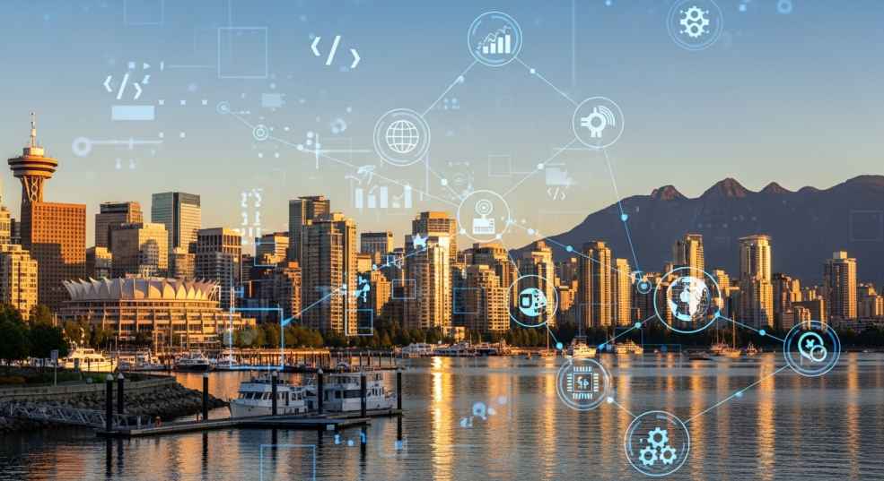 British Columbia skyline featuring Vancouver harbor with overlay of digital technology icons representing BC tech immigration pathways