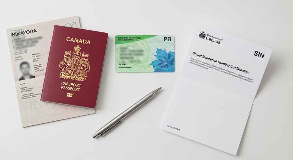 A neatly arranged flat lay of Canadian banking documents: passport, PR card, SIN letter envelope, and a pen on a clean white background