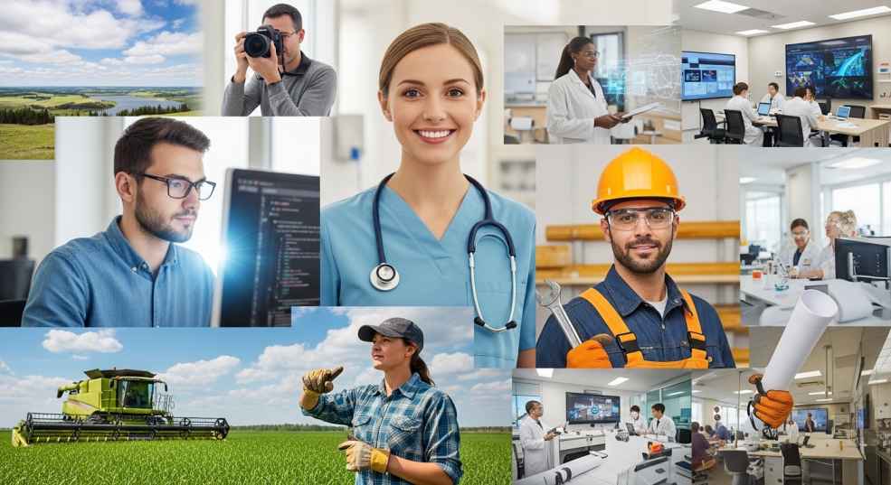Diverse professionals working in Saskatchewan priority employment sectors including healthcare, technology, and skilled trades