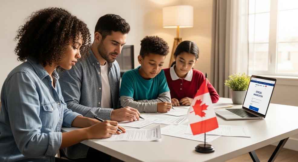 Family reviewing New Brunswick immigration application documents for Strategic Initiative Stream