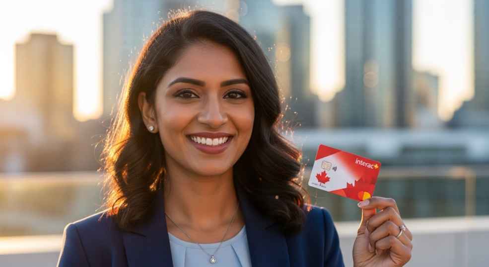 A woman of South Asian descent looking happy and confident while holding a Canadian debit card