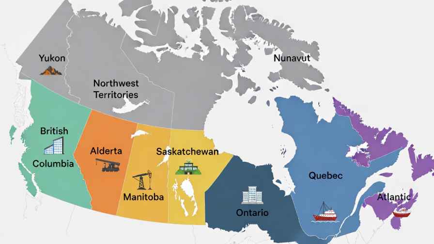 Map of Canada with major provinces highlighted in different colors, icons showing key industries in each province