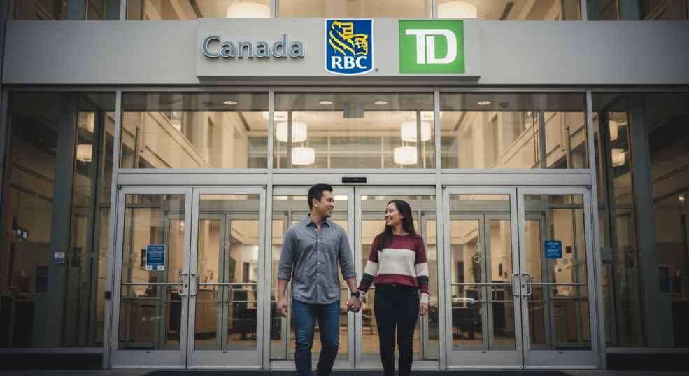 Opening a Bank Account in Canada as a Newcomer: Best Banks & Requirements A diverse newcomer couple smiling while meeting with a friendly bank advisor at a modern Canadian bank branch, documents on the table.