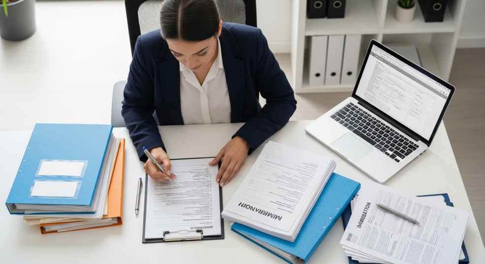 Professional reviewing Alberta PNP application documents and checklist ensuring completeness before submission