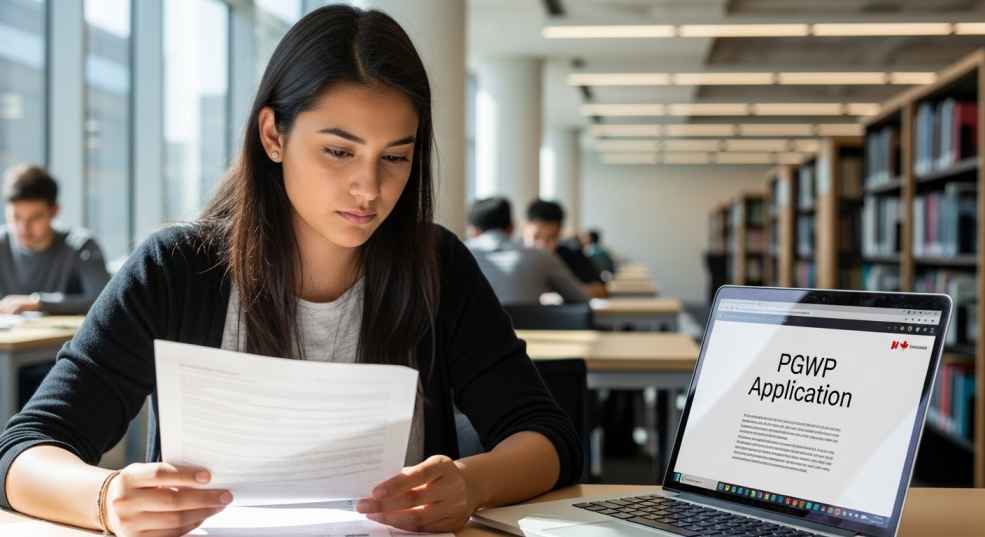 Student reviewing official Canadian government PGWP eligibility requirements on laptop screen, with university campus visible through window