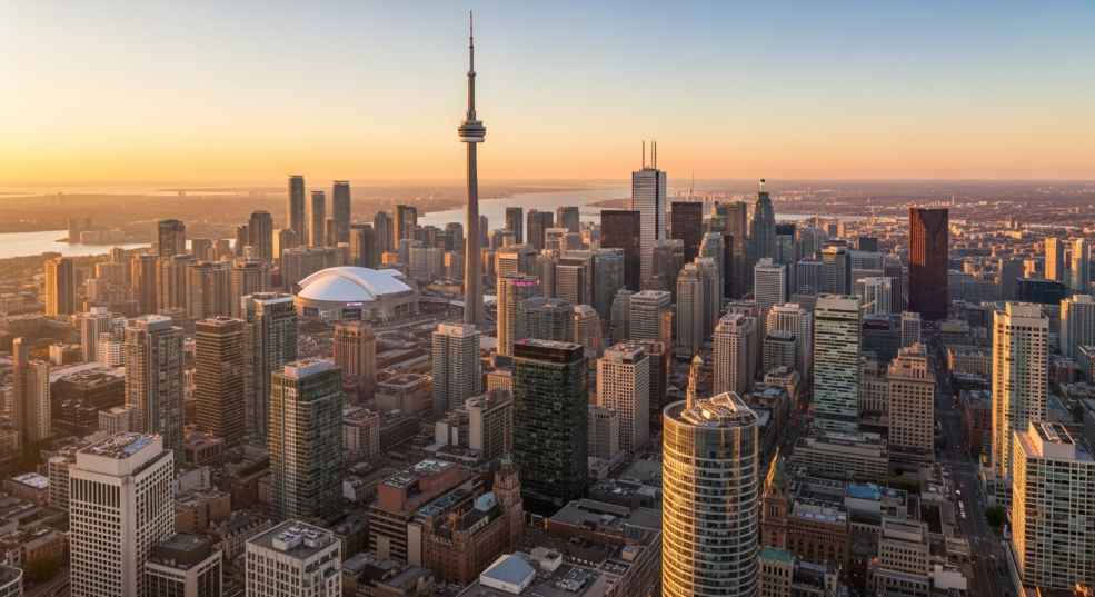 Toronto skyline during golden hour with CN Tower prominent, showing diverse downtown core