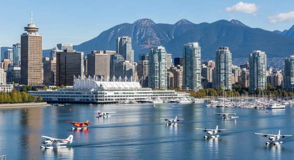 Vancouver's waterfront with mountains in background, showing urban and natural beauty