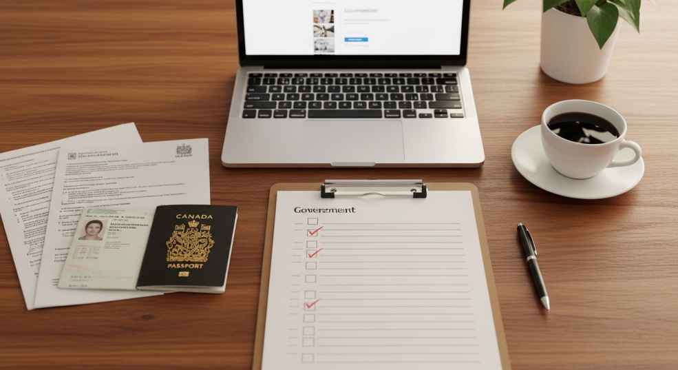 A checklist on a clipboard with Canadian immigration documents, a laptop showing the IRCC website, and a pen