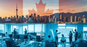 Aerial view of a Canadian city skyline with maple leaf flag and startup entrepreneur overlay