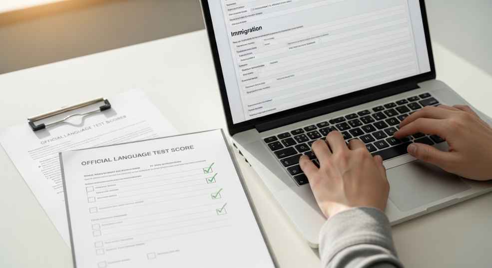 Applicant reviewing language test results and Express Entry profile requirements on a laptop