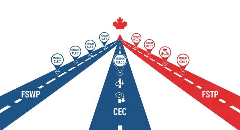 Three Express Entry program pathways with their CLB language requirements illustrated as routes