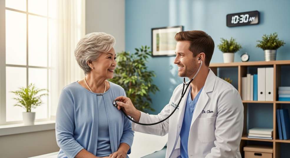Elderly woman examined by a Canadian doctor.