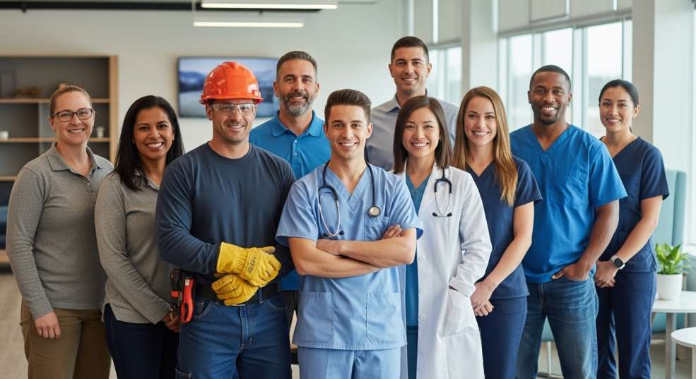 Diverse group of skilled workers and newcomers in a Thunder Bay workplace.