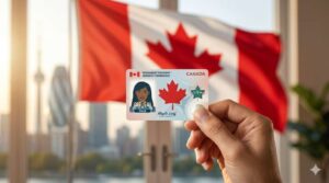 A permanent resident card being held up in front of a Canadian maple leaf flag, symbolizing PR status in Canada 2026