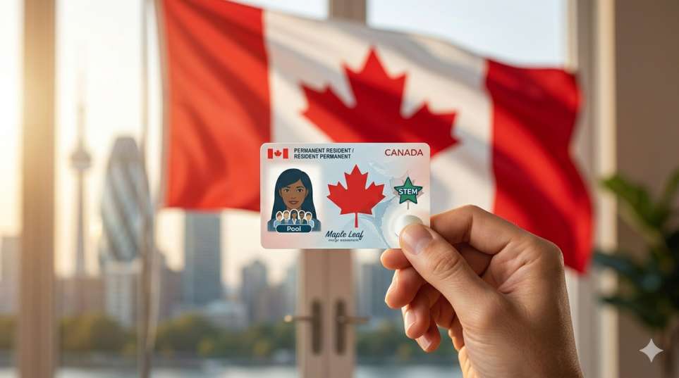 Permanent Resident Card Renewal Canada 2026: Timeline & Application A permanent resident card being held up in front of a Canadian maple leaf flag, symbolizing PR status in Canada 2026