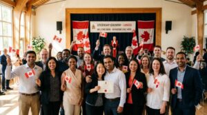 Diverse crowd of people holding small Canadian flags at a citizenship ceremony, warm lighting, sense of community and hope