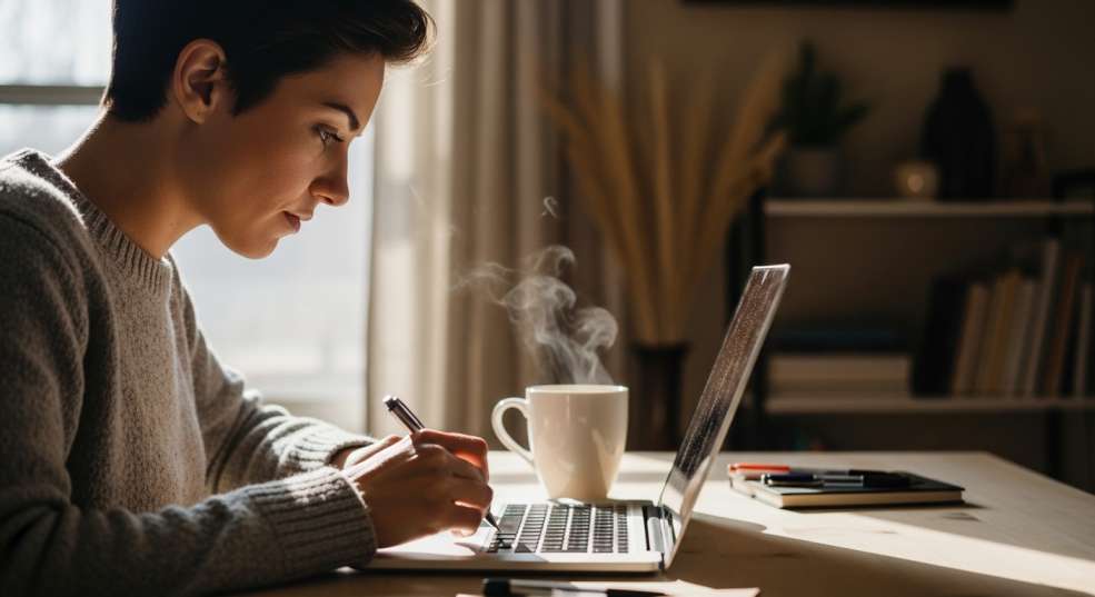 Person filling out IRCC digital forms on a laptop with a cup of coffee.