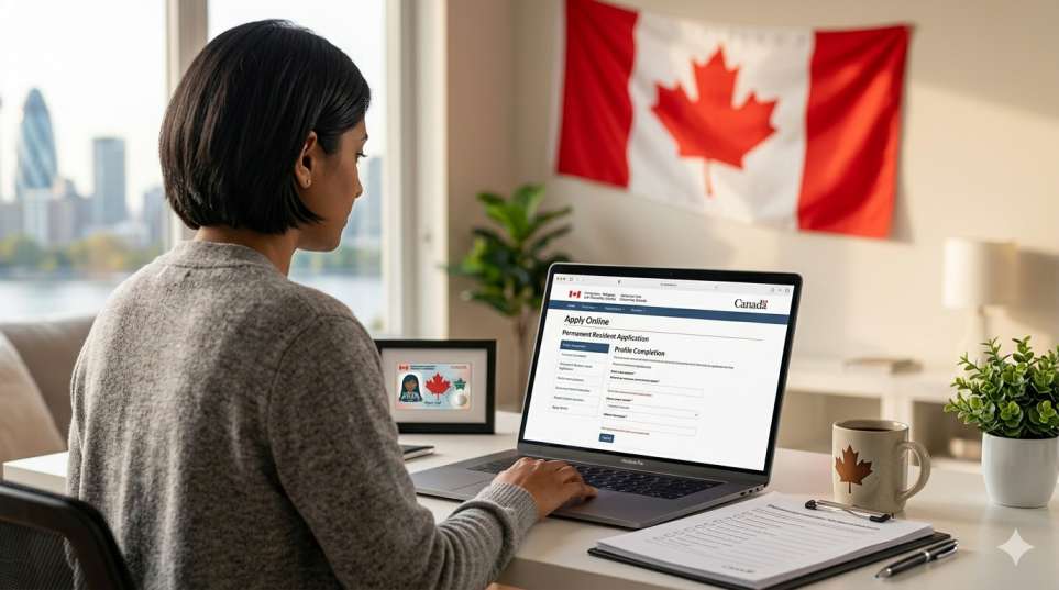 Person submitting a Canadian immigration application online on a laptop, with government forms visible on screen