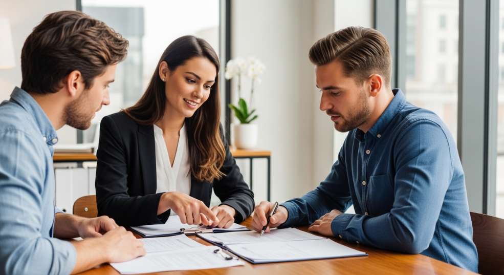 A professional immigration consultant meeting with a same-sex couple