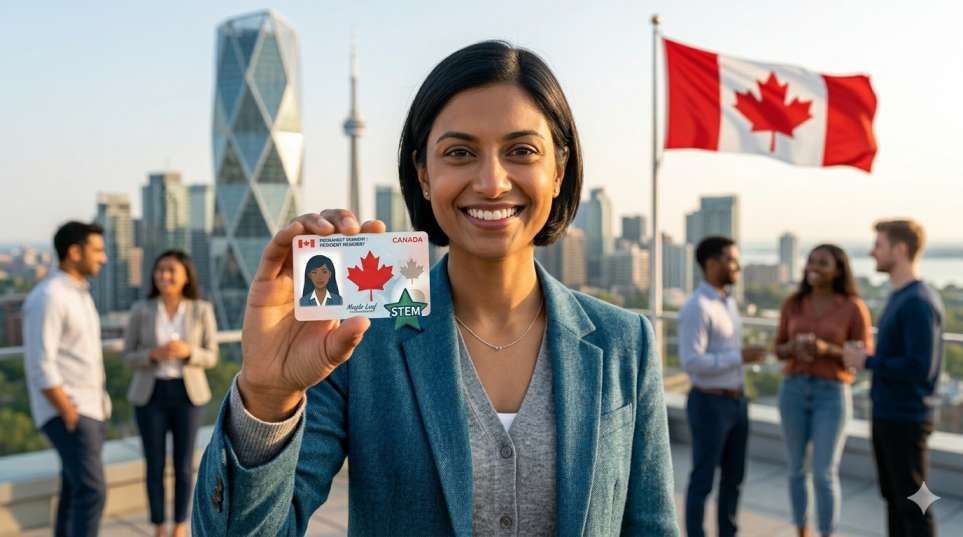 A smiling newcomer to Canada holding a permanent resident card in an urban Canadian cityscape setting