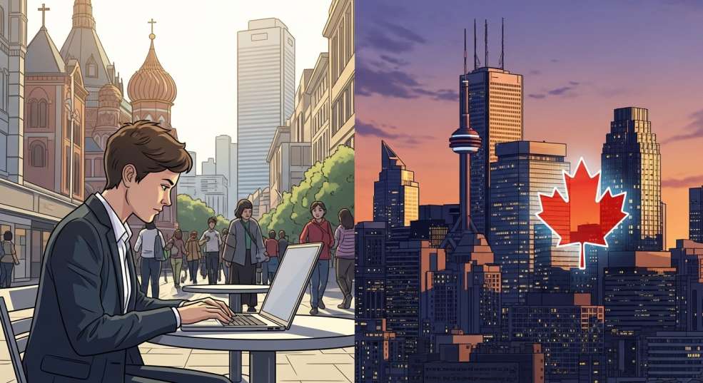 A split-screen concept showing a person in an international office setting on one side and a Canadian cityscape on the other, representing the offshore vs in-Canada applicant experience.