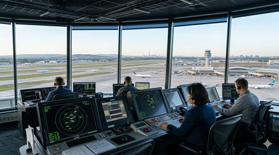 Air traffic controllers working at radar screens inside a modern ATC tower with panoramic windows overlooking a runway