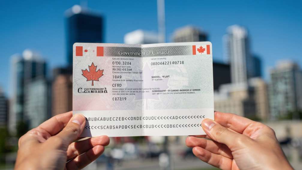 Close-up of a Canadian open work permit document held by a person, symbolizing authorized employment