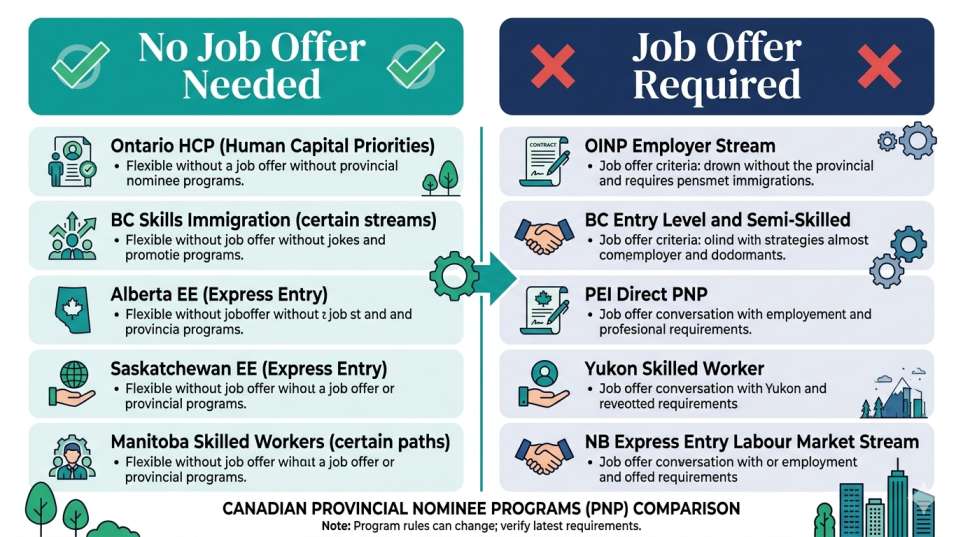 Side-by-side comparison chart of PNP streams in Canada that require vs do not require a job offer