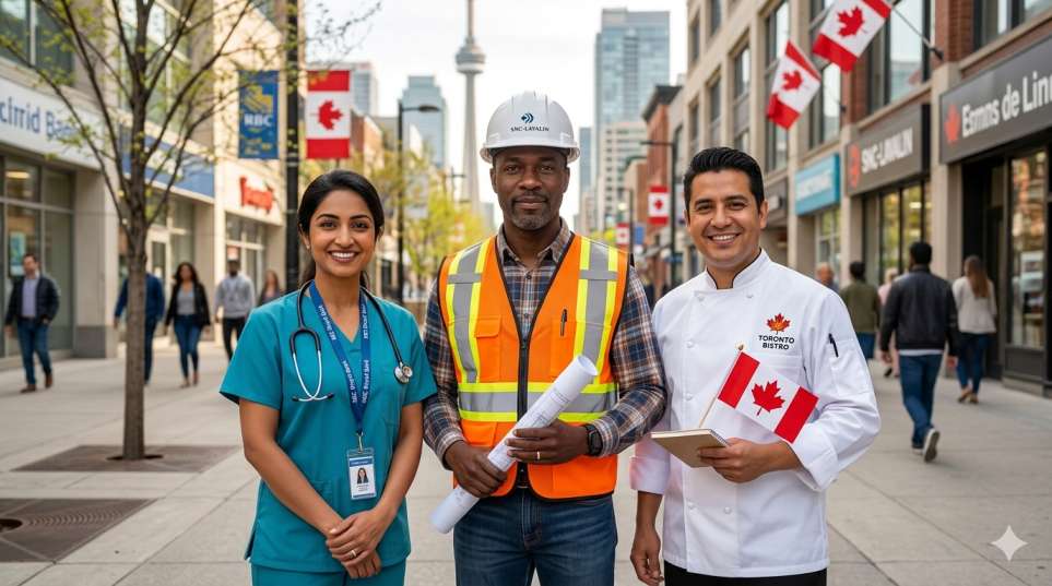 Diverse group of professionals — a doctor, an engineer, and a chef — each wearing work attire, standing together in a Canadian urban setting, representing skilled immigrants contributing to Canada's economy