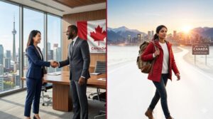 Two immigration paths to Canada — with and without a job offer — illustrated as diverging roads leading to a city skyline