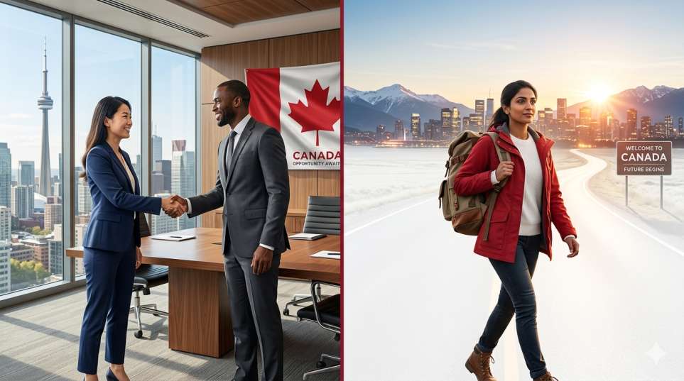 PNP With Job Offer vs. Without: Which Provincial Streams Don’t Require Employment? Two immigration paths to Canada — with and without a job offer — illustrated as diverging roads leading to a city skyline