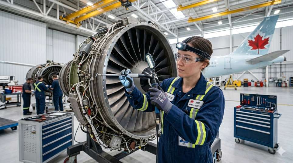 Licensed aircraft maintenance engineer in blue coveralls performing a detailed inspection on a jet engine turbine at a Canadian MRO facility