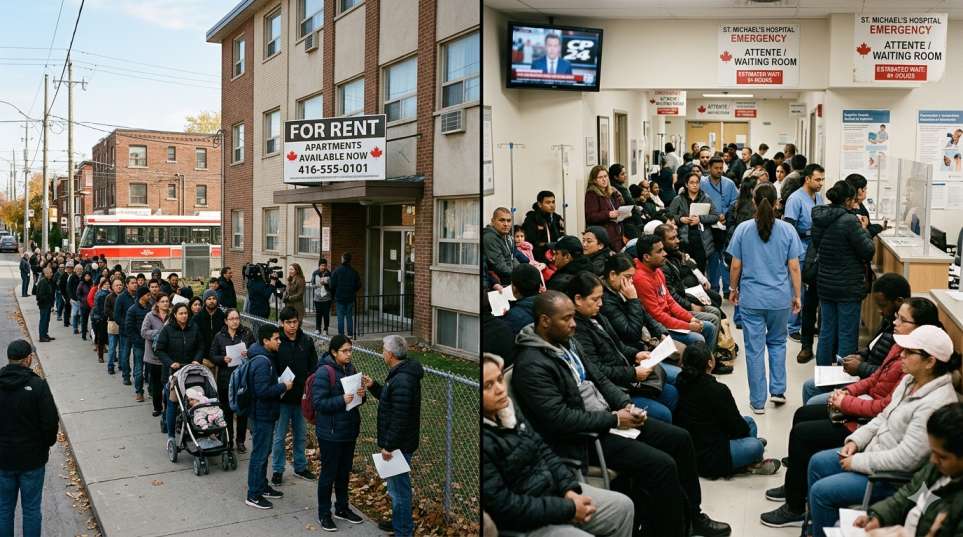 Split image showing an apartment building with a 'For Rent' sign and a busy emergency room waiting area, symbolizing housing and healthcare pressures attributed to immigration