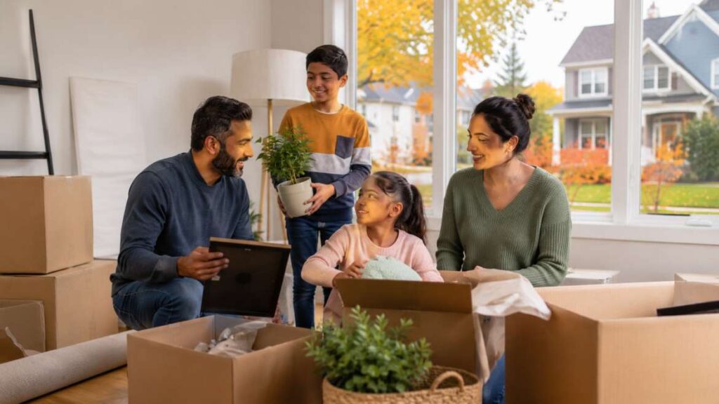 Family of immigrants settling into a cozy Atlantic Canadian home